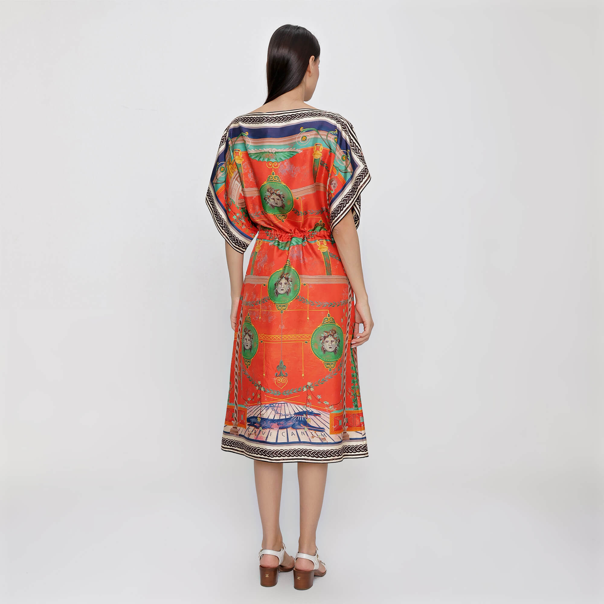 Gucci - Orange Silk Graphic Print Drawstring Waist Mid Length Dress